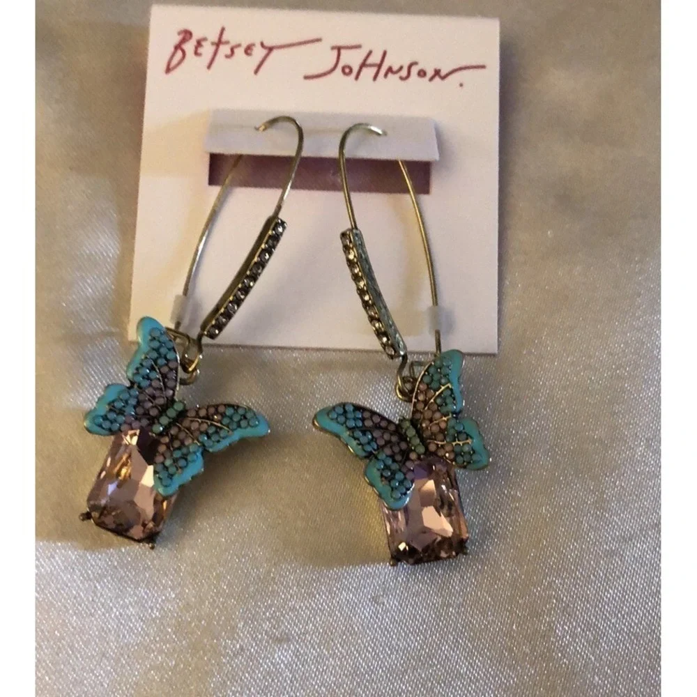 Betsey Johnson Boho Butterfly Pink & Blue Drop Earrings Crystal Accents NWT